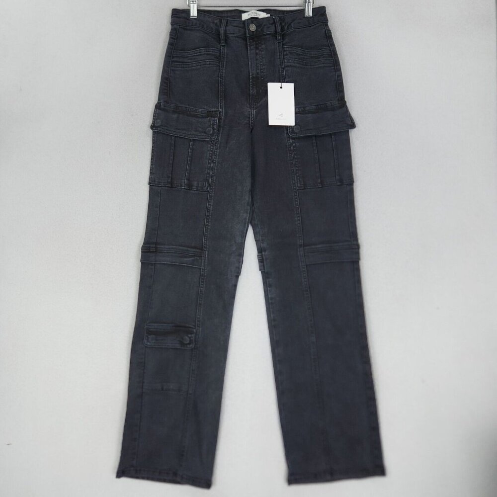 High-Rise Straight-Leg Cargo Jeans in Charcoal